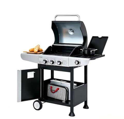 Royal Gourmet Barbecue Gaz à 3 Brûleurs avec Brûleur Latéral, Gril à Gaz sur Chariot de Puissance 11,5 KW avec 2 Grille en Fonte et 2 Tables d’Appoint, Adapté pour Jardin et Extérieure, Argent
