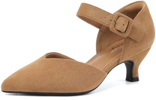 RIBONGZ Comfortable Kitten Heels for Women Pointed Closed Toe Ankle Strap Buckle Heels Slip on Low Heel Church Pumps Wedding Bridal Party Dressy Shoes, Light Brown Suede, 3 UK
