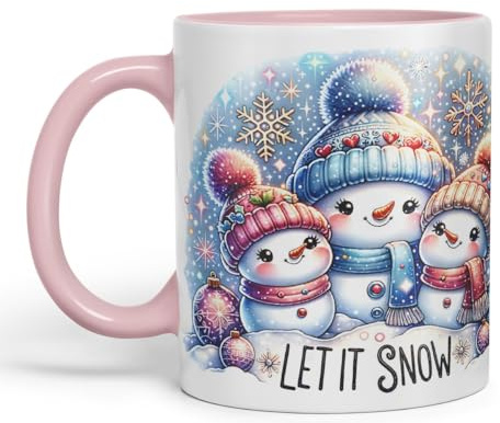 Vixar Let It Snow Cute Snowman Family Coloured Mug Cup Christmas Winter Gift 11oz (Pink)