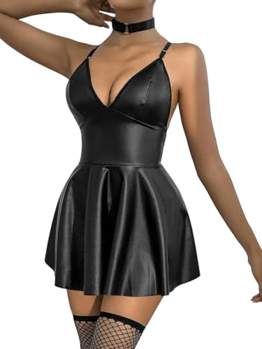FULLJOYLOVE Kunstleder Dessous Set für Frauen Plus Size PU Dessous V-Ausschnitt Rückenfrei Babydoll Chemise Mini Dessous Kleid Schwarz M