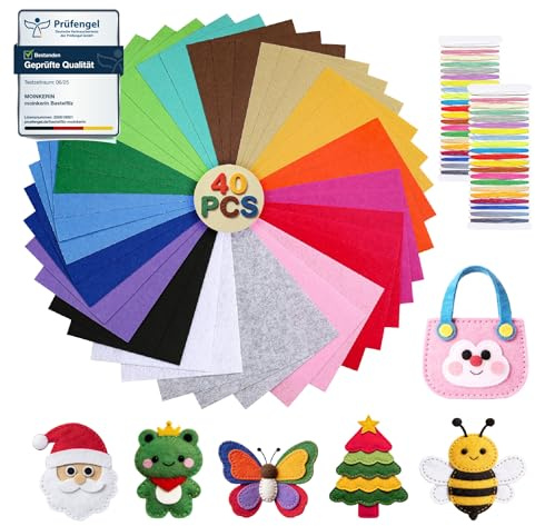 moinkerin 40 Stück Bastelfilz 1mm mit Nähgarn 20x30cm Filzstoff Basteln | 16 Farben Filz Basteln für DIY, Filzplatten für Handarbeiten Patchwork Dekoration Nähen Weihnachten