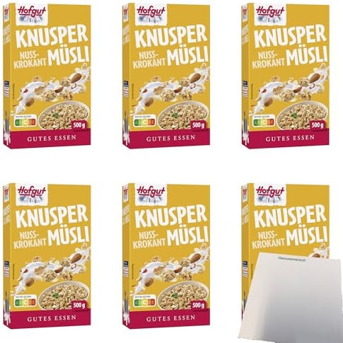 usy Bundle für Hofgut Müsli Knusper Nuss Krokant VPE (6x500g Packung) + usy Block