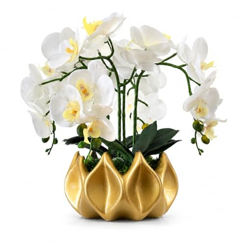 BelaLusa® Künstliche Orchideen wie echt 40 cm – Handgefertigte Phalaenopsis Kunstorchidee im goldenen Keramik-Topf, pflegefrei ohne Gießen – Elegante Deko (Gold)