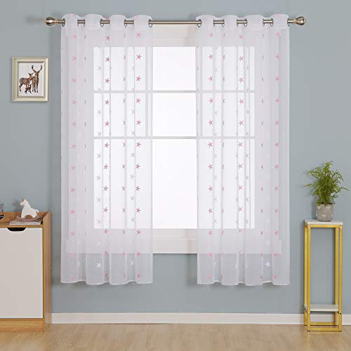 Deconovo Voile Vorhang mit Ösen Dekosachl Transparent Gardinen Kinderzimmer Gardinen Leinenoptik Stern, 175x140 cm(HöhexBreite), Rosa, 2er Set
