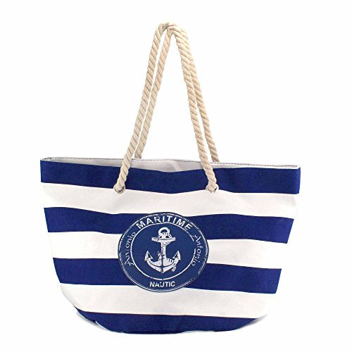 Große Strandtasche Shopper Beach Bag marine Streifen maritim Sommer Sonne Strand Tasche (BLAU-WEISS ANKER)