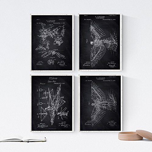 Nacnic BLACK - Packung mit 4 Blatt mit Segelflugzeuge PATENT. Stellen Sie Plakate mit Erfindungen und alten Patenten. Wählen Sie die Farbe, die Sie mögen. Gedruckt auf hochwertigen 250 Gramm