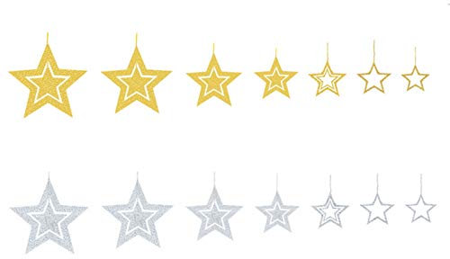 Girlande mit Sternen-Girlande zum Aufhängen, Dekoration für Geburtstag, Party, Babyparty, Weihnachtsdekoration, 2 Stück (1 Gold + 1 Silber)