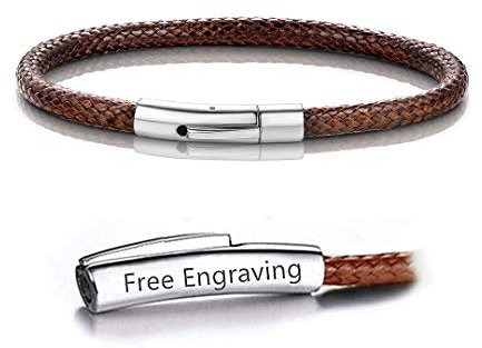 Bracelet Cordon Personnalisé Prénom Gravé Homme Femme Cuir Perles Acier Inoxysable Anneaux Gravure Personnalisable-Bijoux Cadeau Fete Des Père Mère Garçon Fille Anniversaire Couple Ami Marron-22 CM