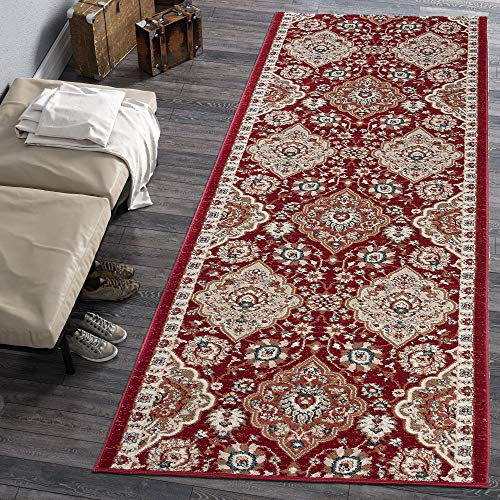 Carpeto Rugs Blumen Teppich Läufer Flur - Orientalisch Teppichläufer - Kurzflor, Weich - Flurläufer für Wohnzimmer, Schlafzimmer - Teppiche - Meterware - Rot Burgund 3-80 x 180 cm