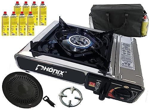 Phönix PC-20 Réchaud à gaz en acier inoxydable 1 feu + grille de barbecue + 8 cartouches de gaz + croix de cuisson + sac de transport et mallette de transport