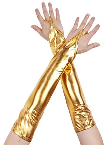 iEFiEL Damen Metallic Fingerlose Handschuhe Silberne Handschuhe Glänzend Armstulpen Fasching Kostüm Zubehör Gothic Punk Tanz Party Clubwear A Gold One Size