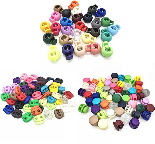 XINCHAO Kordelstopper 75 Stück Kordelklemme Federschnurschlösser Kunststoff Rutschen Kordelklemme Schwarz Gummi für Jacke, Schuhe, 3 Stile, Mehrfarbig