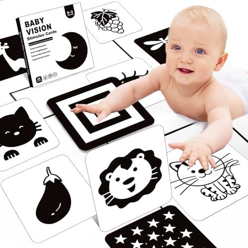 Richgv Baby Spielzeug 0 3 6 Monate, Kontrastbuch Baby Erstausstattung Neugeborene, Schwarz Weiß Hohe Kontrastkarten, Visual Stimulus Flashcard Lernkarten Kleinkinder Spielzeug Geschenk(20 Stücke)