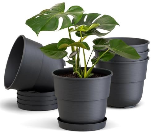 Plastard Blumentöpfe 5er Set 16 cm Durchmesser mit Untersetzer aus Kunststoff Anthrazit runder Pflanzkübel witterungsbeständiger Übertopf große Blumentöpfe