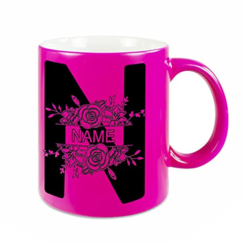Neon Tasse mit Namen, Neonpink | Beidseitig bedruckt, Blumenmotiv, Personalisierbar