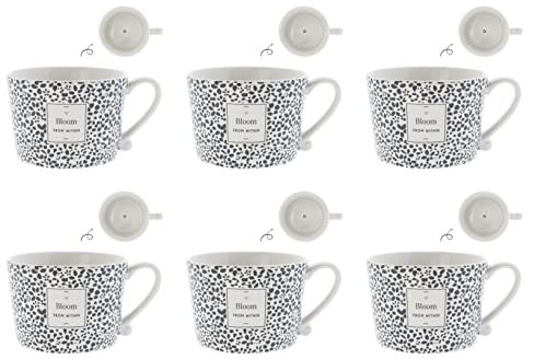 Bastion Collections 6er Set Tassen, Becher BLOOM weiß mit schwarzem Blumenmuster