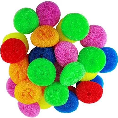 NSBELL 30 Stück Kunststoff-Geschirrschrubber für Geschirr, Kunststofftopf, rund, Scheuerschwamm, Nylon, Geschirrschrubber, Poly-Mesh-Scheuern, Geschirr-Pads, kratzfeste Schrubber