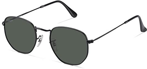 Caiearer Lunettes de soleil en verre plat de style hexagonal, monture en métal, protection UV400 pour homme et femme, monture noire/verres verts, L, Monture noire/verres verts, Large