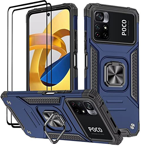 KANSi Funda para Xiaomi Poco M4 Pro 5G / Redmi Note 11S 5G (6.6), Cristal Vidrio Templado [2 Piezas] Capa Anillo iman Soporte Hard PC y Silicona TPU Antigolpes Armor Carcasa - Azul