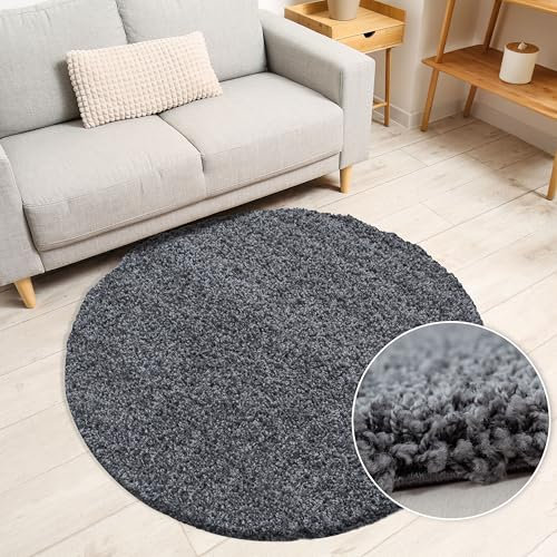 Miovani Hochflor Teppich Rund 80 cm Grau - Besonders weicher Shaggy Teppich in vielen Farben & Größen für Dein gemütliches Zuhause - Teppich Wohnzimmer & Schlafzimmer