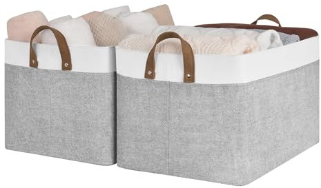 StorageWorks Shelf Storage Boxes, Extra Large Fabric Closet Baskets with Metal Frame, Wardrobe Storage Bins for Shelves Organising, Laundry Room Clothing Boxes with Handles, Grey and White, 2-Pack