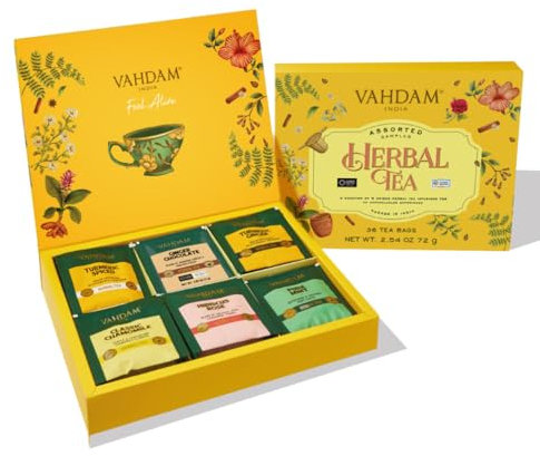 VAHDAM, Confezione Regalo di Tisane (6 Gusti, 60 Bustine) Senza Caffeina | Set Tisane e Infusi Regalo in Bustine Piramidali | Idea Regalo per Uomo e Donna
