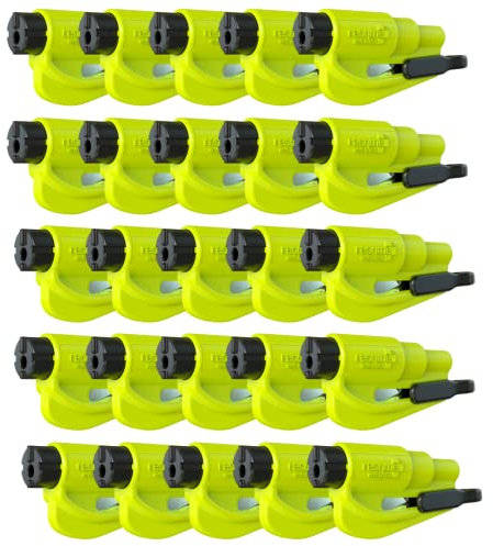 resqme 25 Stück Das Original Notfall Schlüsselanhänger Auto Escape Tool, 2-in-1 Sicherheitsgurtschneider und Fensterbrecher, Made in USA, Gelb - Kompakter Notfallhammer