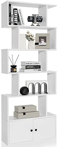 GIANTEX Bibliotheque, Étagère à 5 Niveaux, Meuble de Rangement en S, Séparateur de Pièce avec Armoire à 2 Portes, 70 x 23 x 183 cm, pour Salon, Chambre, Bureau, Blanc