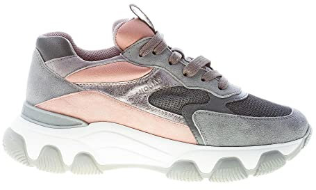 Hogan Donna Hyperactive Sneaker in camoscio e Tessuto a Rete Grigio più Rosa Color Grigio Size 38.5