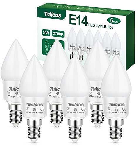 Tailcas E14 LED Lampe, 5W E14 LED Warmweiß 2700K, entspricht 40W Glühlampe, 450 Lumen Kerze Energiesparlampe, Glühbirnen Kein Flackern Nicht Dimmbar, 6er Pack