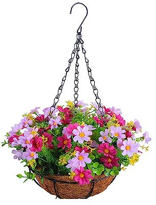BYNYXI Géraniums Artificiels Suspendus, Fleurs Artificielles Suspendues avec Pot Marguerite Tournesol Fleurs en Soie Plante Artificielle Géranium Panier Suspendu avec Pot de Fleurs Fleur de Balcon
