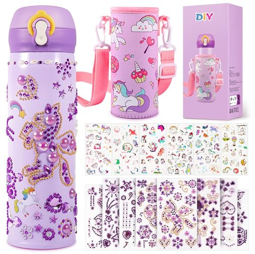 BuYupop Geschenke für Mädchen DIY Trinkflasche, Schulanfang Geburtstag Geschenk Mädchen 4 5 6 7 8 9 10 11 12 Jahre, Basteln Mädchen Trinkflasche Selbst Gestalten mit Edelstein und Einhorn Aufklebern