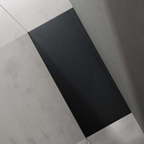 Mai & Mai Piatto Doccia 70x160 cm con Piletta, Spessore 3cm, Piatto Doccia Rettangolare Ultrasottile in Resina Effetto Pietra, Antiscivolo Indistruttibile, Antracite Opaco, Geoma07