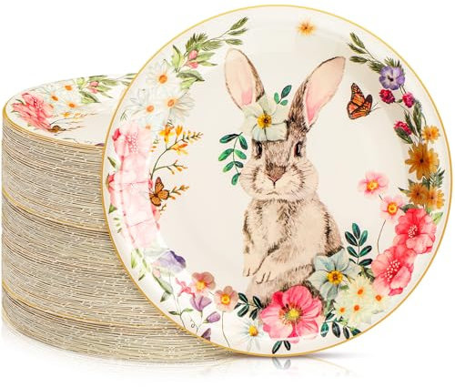 Sunnychicc 100 Pcs Easter Paper Plates 7'' Happy Easter Round Disposable Plates Bulk Cute Easter Egg Bunny He is Risen Holiday Dessert Plates for Easter Birthday Holiday Party Supplies (Cute Bunny)