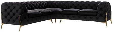 S-Style Möbel Milton Ecksofa 4-Sitzer Eckcouch Chesterfield-Ecksofa Sofa für Wohnzimmer Lounge Couch mit goldenen Metallfüßen Möbel Freistehende Polster Sofas & Couches Schwarz 262x200x75 cm
