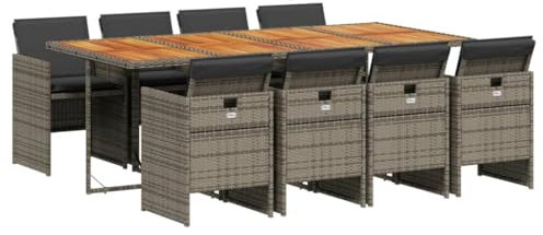 vidaXL Garten Essgruppe 9-TLG., Gartenmöbel Set Tisch mit 8 Stühle, Gartengarnitur mit Kissen, Sitzgruppe Essgarnitur Terrasse, Grau Poly Rattan