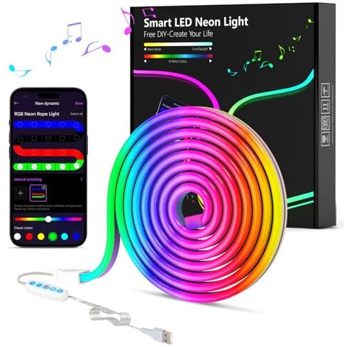 MeRGBW-Home 2m Neon LED Strip, RGB Band Neon Seil Lampe, 5V Flexible LED Streifen mit App-Steuerung, DIY-Formen, Musik Sync, LED Lichtband für Wohnzimmer, Schlafzimmer, Wand, Gaming Deko