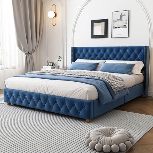 PUGSDRLY Doppelbett, 160 x 200 cm, mit Lattenrost, Doppelbett mit gepolstertem Kopfteil, Veloursstoff, Nietendesign, Füße aus Holz, für Kinder, Jugendliche, Erwachsene, ohne Matratze, blau