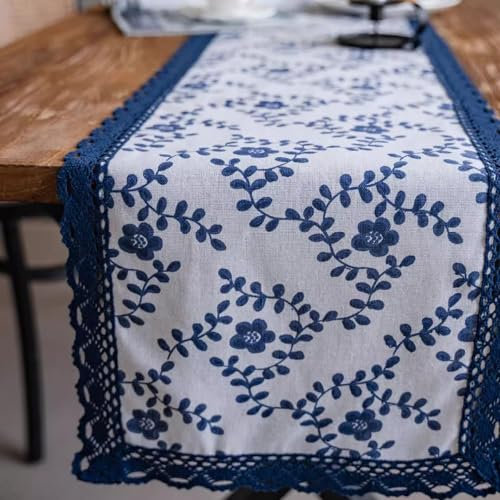 KASESSS Chemin de Table, Chemin de Table Toile de Jute, Chemin de Table Blanc Nouveau Style Chinois, Decoration Table Lavable pour la Intérieur Et Extérieur Décoration de la Maison Bleu-Blanc 33x180cm