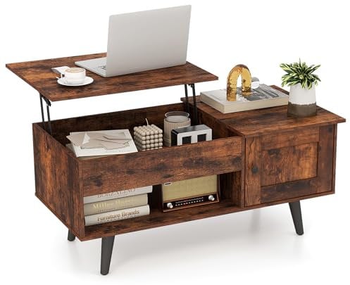 COSTWAY Lift Up Top Coffee Table, Wooden Lifting Cocktail Center Table with Hidden Storage Compartment, Door Cabinet and Open Shelf, Rectangle Accent Sofa Side Tea Table for Living Room (Rustic Brown)
