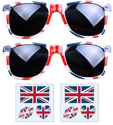 YSJCHEBS Lot De 2 Lunettes De Drapeau, 2 Autocollants De Tatouage Britanniques, Lunettes De Soleil Rétro, Lunettes De Soleil Unisexes, Adaptées À Une Utilisation En Extérieur