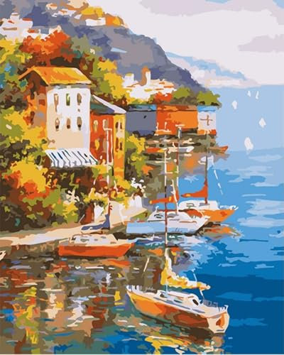 NANASUGUR Peinture Numéro Adulte Enfants, Kits de Peinture au Numéro Loisir Creatif, Peinture par Numero,Ville balnéaire sans Cadre (40 x 50 CM)