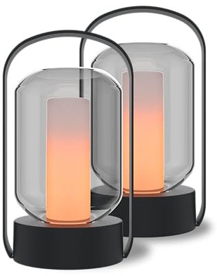 CALEX Como Tischlampe, wiederaufladbar, kabellos, dimmbar, Feuereffekt, warmweißes Licht, wasserdicht, Aluminium, Schwarz, 2er Pack