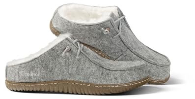 Fellhof Lammfell Pantoffeln UNIKO Filz, herausnehmbarer Sohle und Schnürung, rutschfeste Hausschuhe aus echtem Lammfell für Damen und Herren, Filz grau-melange Gr. 39