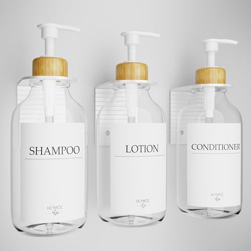 Seifenspender Wandbefestigung, Shampoo Flaschen Zum Befüllen Mit 16 Wasserdichten Etiketten, Spülmittelspender Ohne Bohren, Badezimmer Seifenspender Set, 500ml, 3 Stück, Transparent