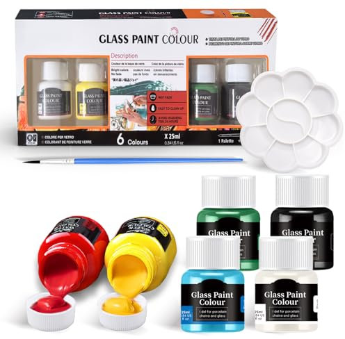 Allony Glass Painting Kit, Glass Paints for Glass Painting, Gallery Glass Paint, 25ml*6 Colors of Paint + 1 Brush + 1 Color Palette, Bright Colors, Strong Covering Power