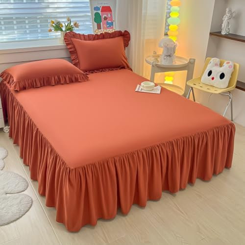 Highdi Betthusse Bettrock Bettvolant, Elastische Bettwäsche mit Rüschen Rüschen Bettwäsche mit Plattform, Bed Skirt Bettrock Umwickeln mit Elastischem Gürtel (140x200cm,Orange)