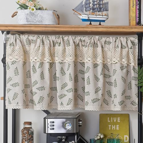 Skcess 1PCS Fenstergardine Beige Grün, Polyester Baumwolle Vorhänge Halbtransparent Blätter Mit Spitzenrand Kurze Vorhänge 150X94CM
