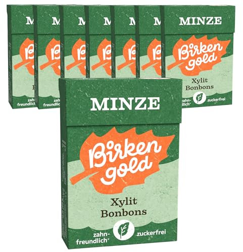 Birkengold Xylit Bonbons Minze | 8x30 g | Zahnpflege-Bonbons | Zuckerfrei | Hoher Xylit-Anteil 93% | Vegan | Ohne Gentechnik | Mit Birkenzucker