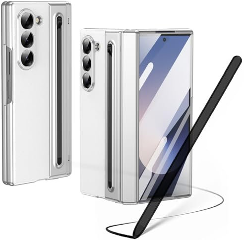 Hülle für Galaxy Z Fold6 mit Stylus Pen, Z Fold 6 Cover mit Displayschutzfolie vorne + S Pen-Steckplatz, Lederhülle für Samsung Galaxy Z Fold6 mit Scharnierschutz-Weiß